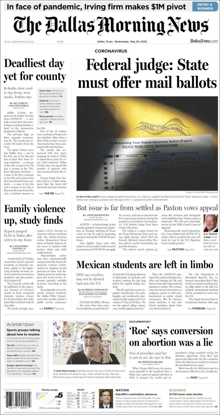 Portada de Dallas Morning News (USA)