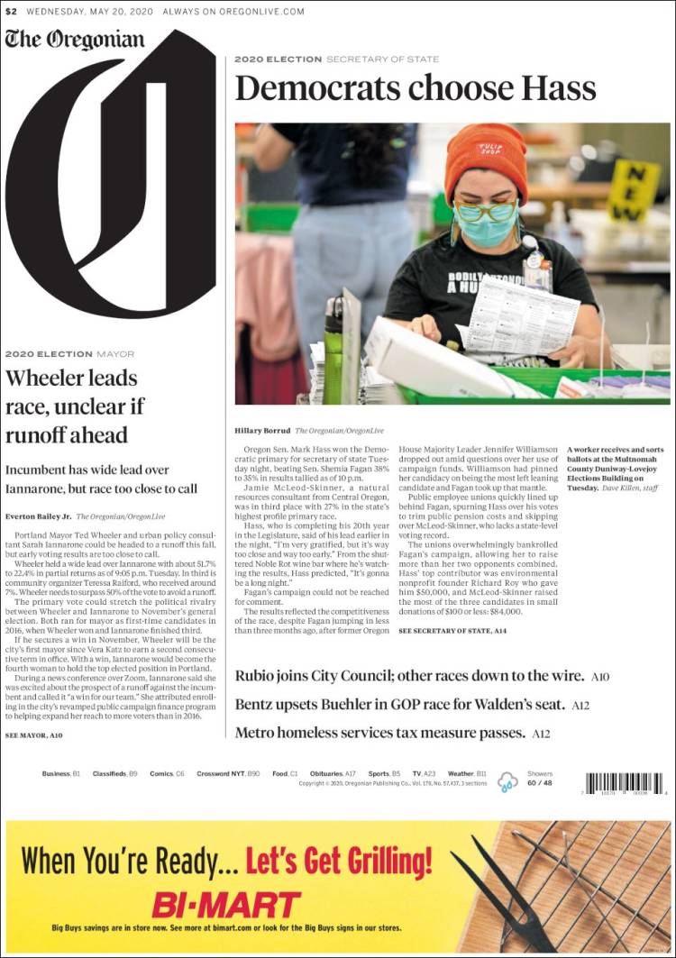 Portada de The Oregonian (USA)