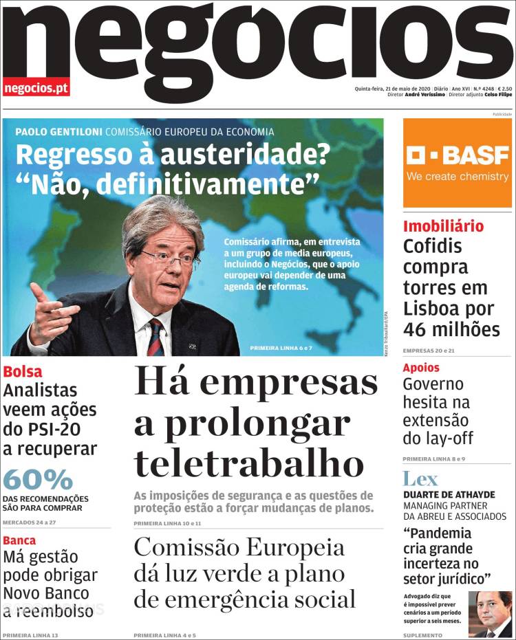 Portada de Jornal de Negócios (Portugal)