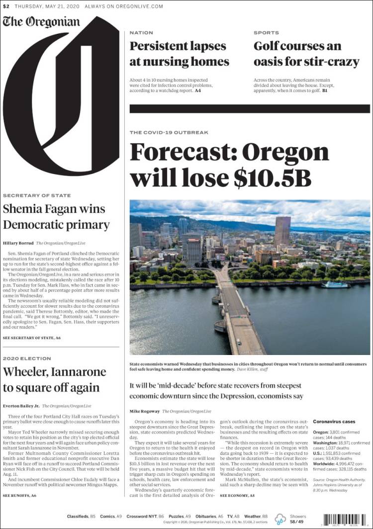 Portada de The Oregonian (USA)