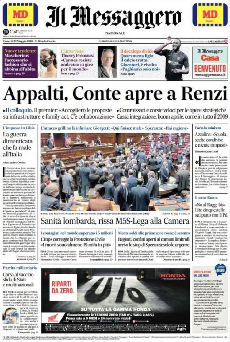 Portada de Il Messaggero (Italia)
