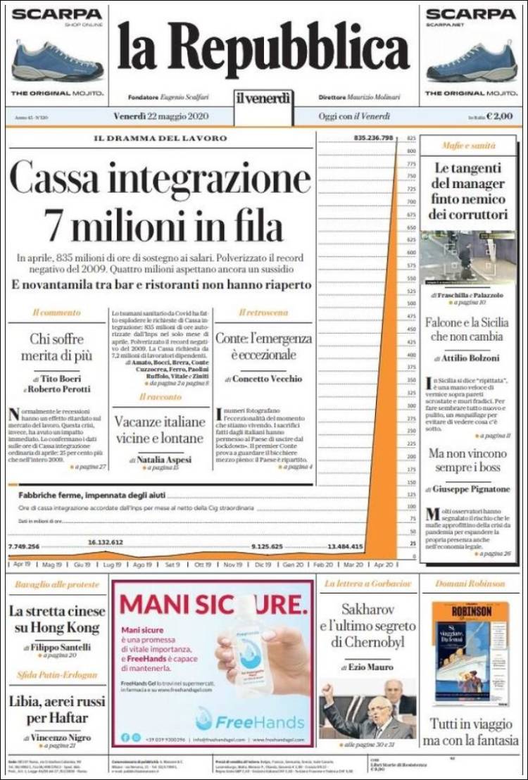Portada de La Repubblica (Italia)