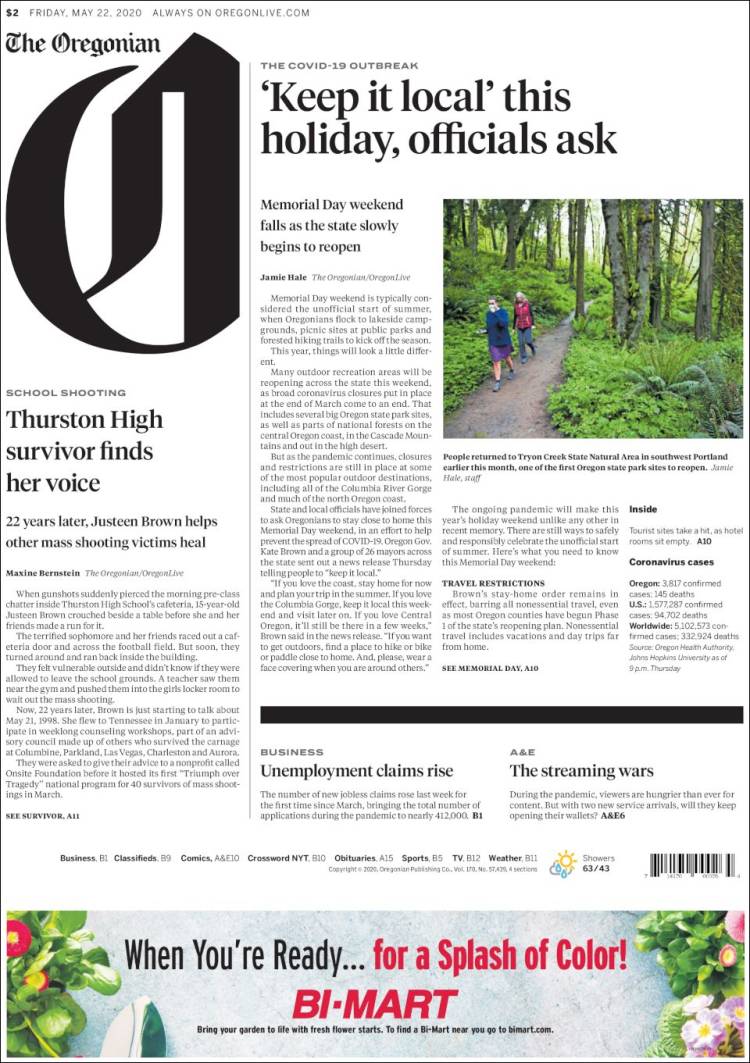 Portada de The Oregonian (USA)