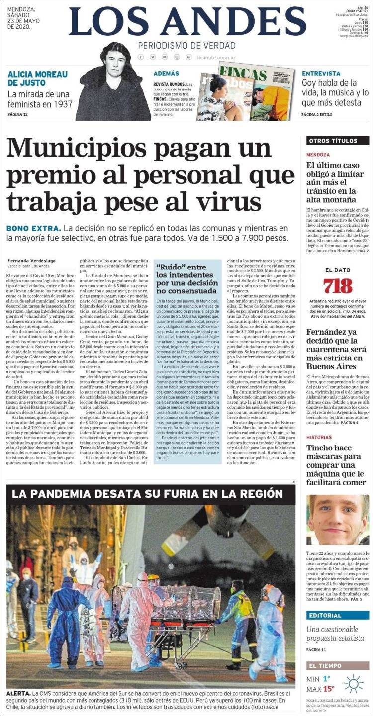 Portada de Los Andes - Mendoza (Argentina)