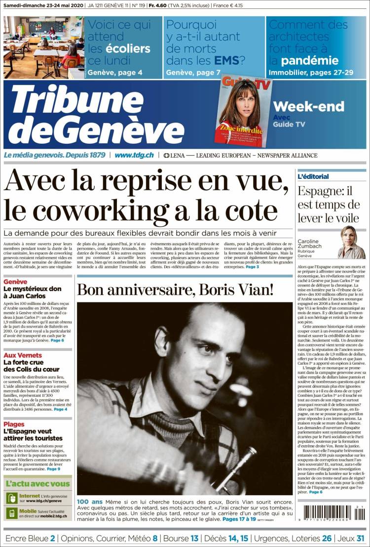 Portada de La Tribune de Genève (Suiza)