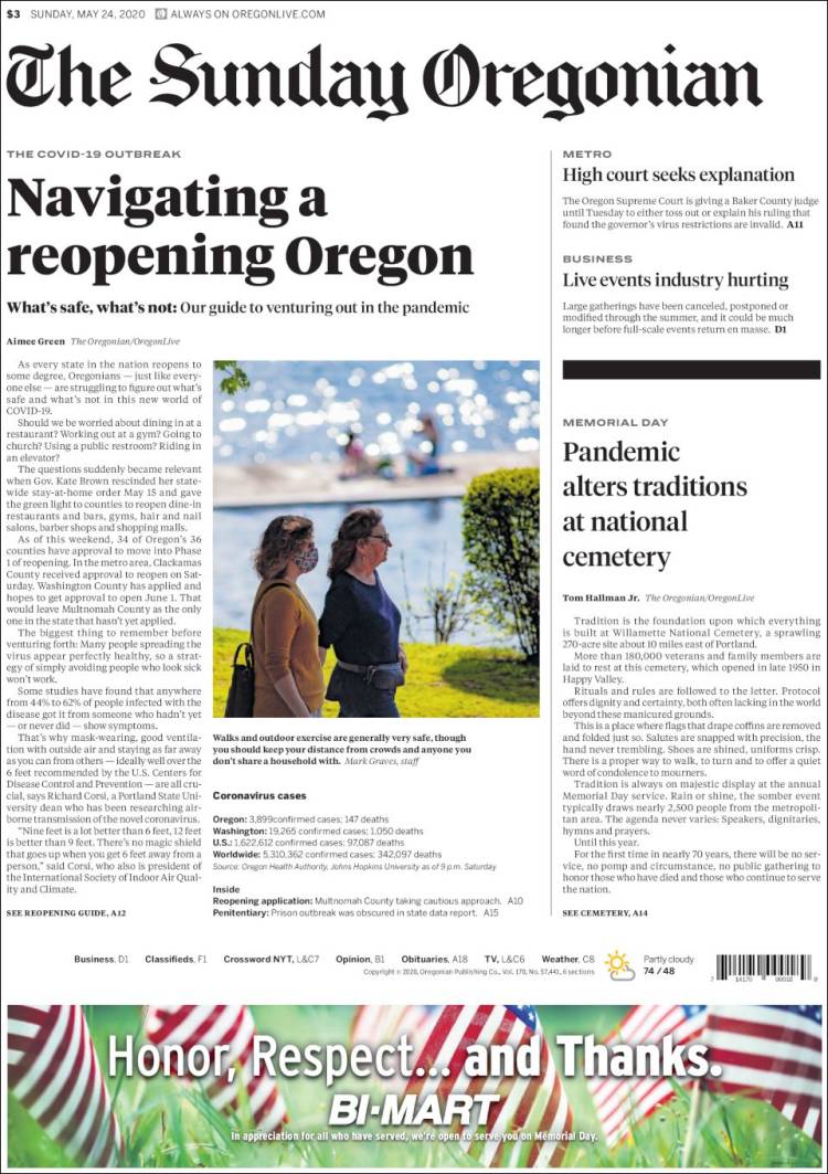 Portada de The Oregonian (USA)