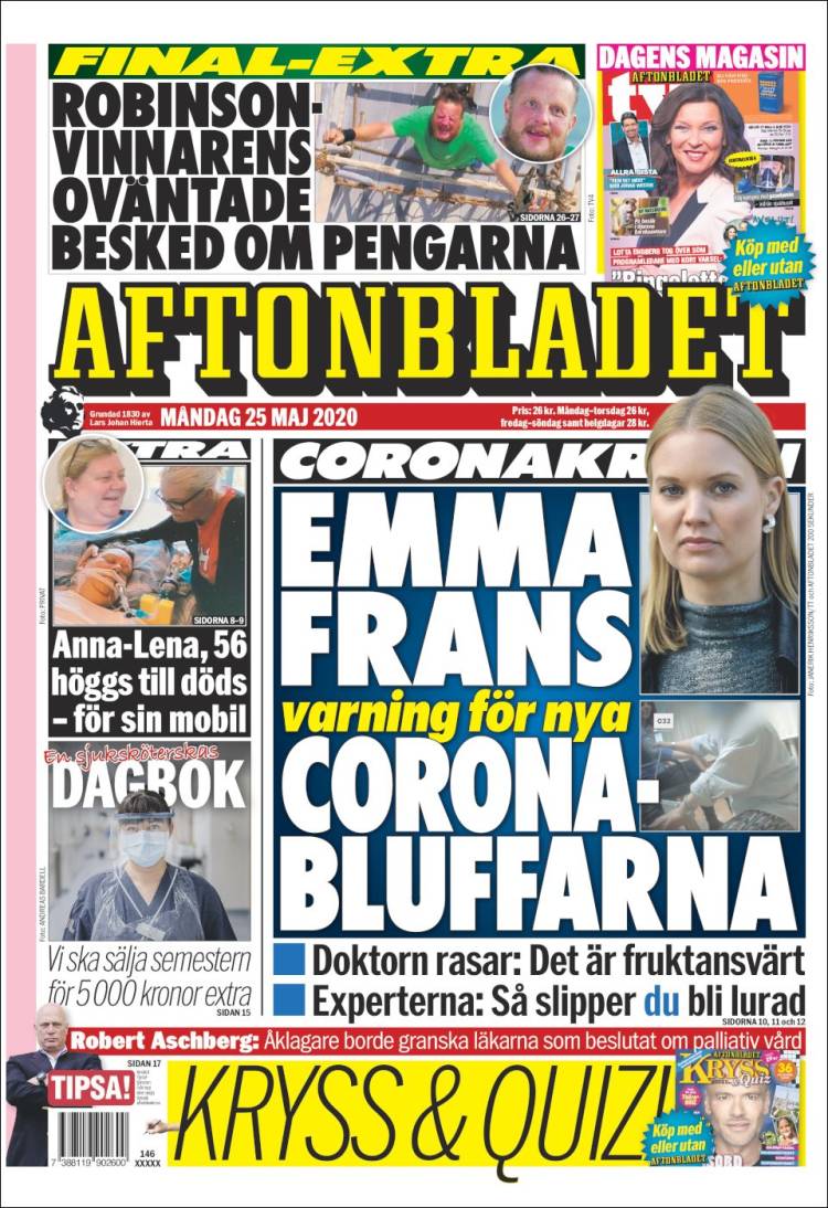 Newspaper Aftonbladet (Sweden). Newspapers in Sweden. Monday's edition, May  25 of 2020. 