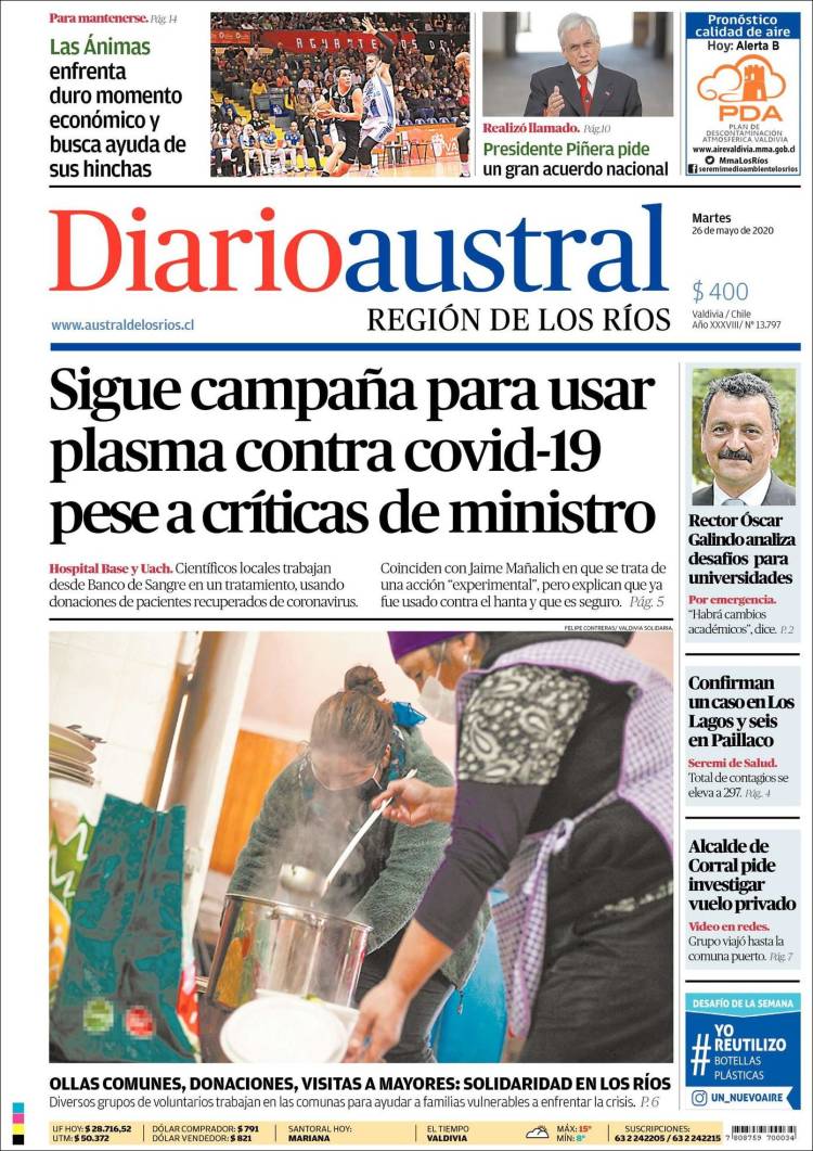 Portada de El Diario Austral de Valdivia (Chile)