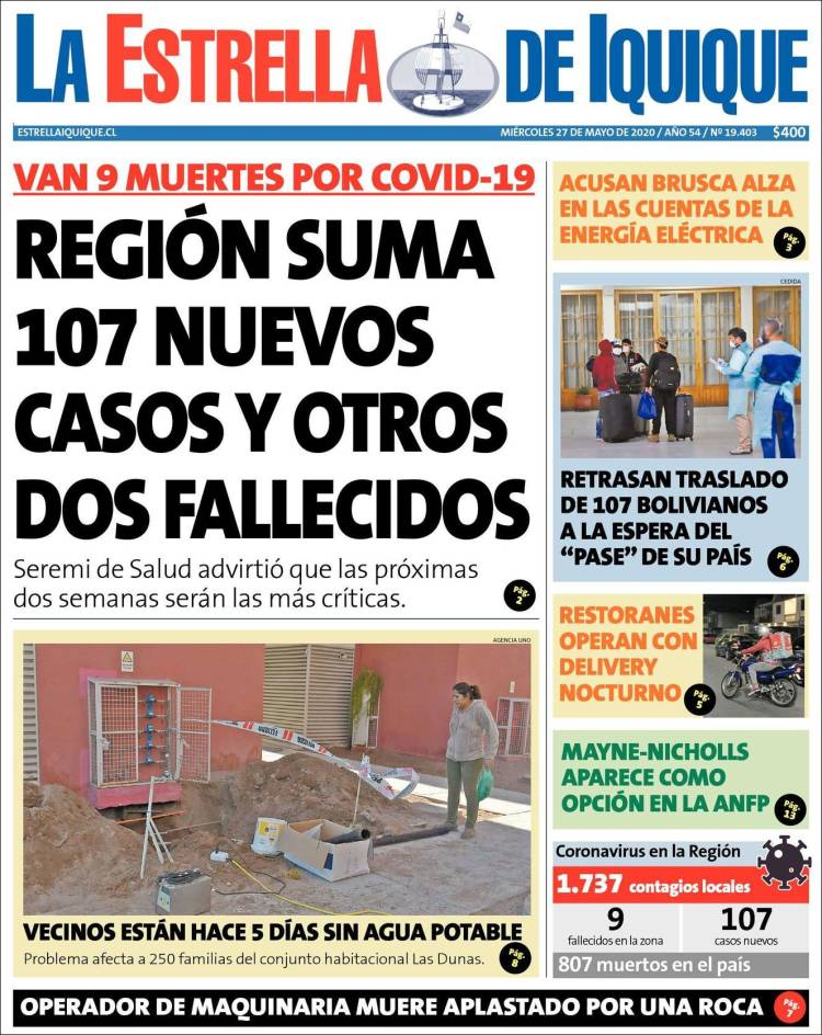 Portada de La Estrella de Iquique (Chile)