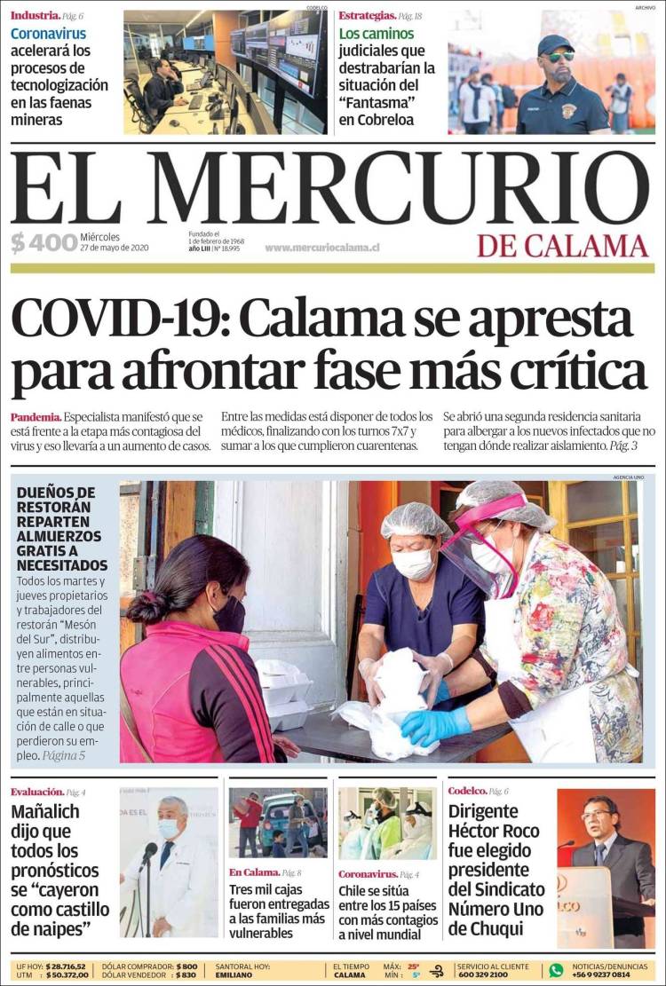 Portada de El Mercurio - Calama (Chile)