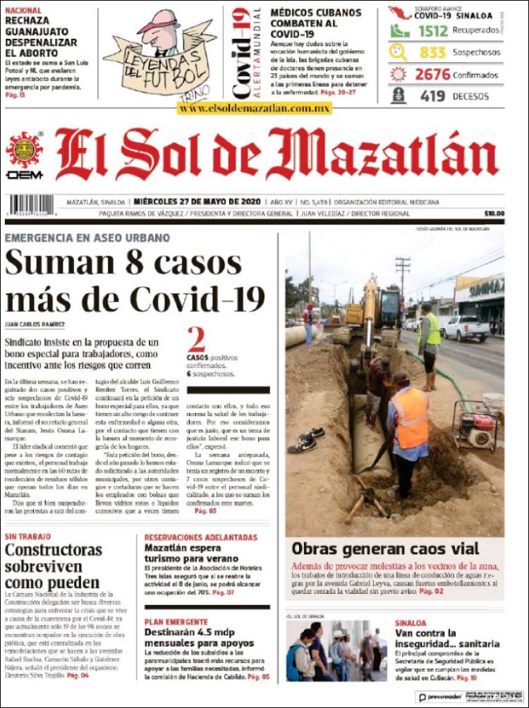 Portada de El Sol de Mazatlán (México)