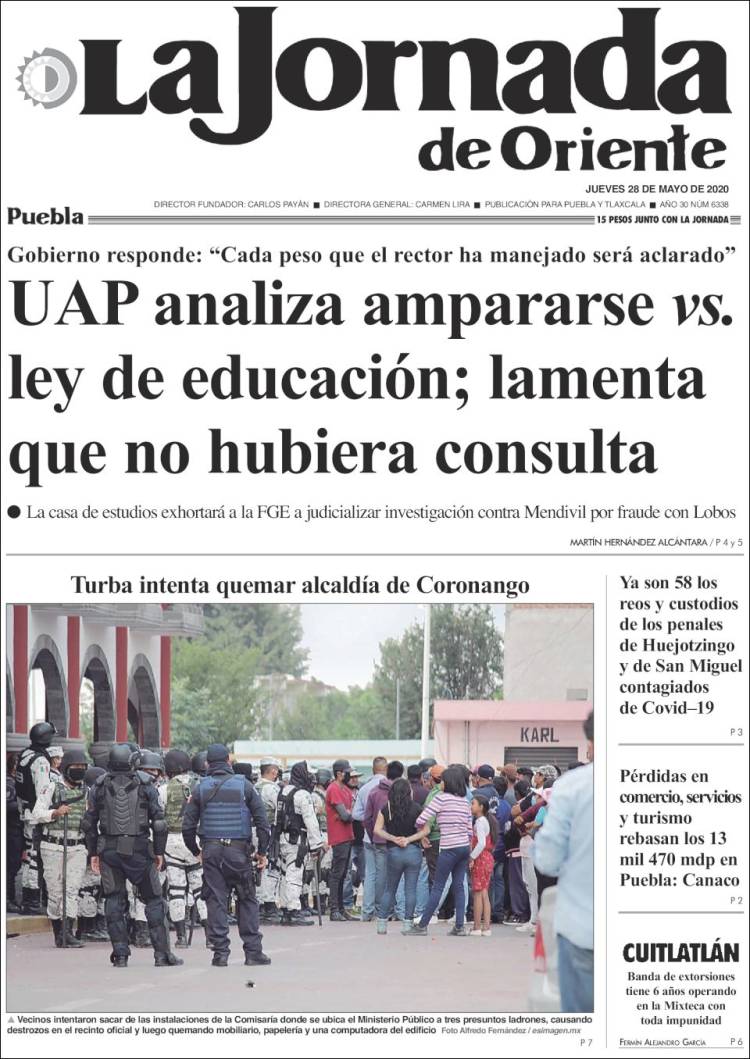 Portada de La Jornada de Oriente - Puebla (México)