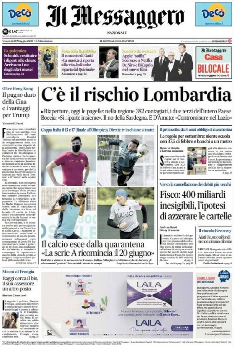 Portada de Il Messaggero (Italia)