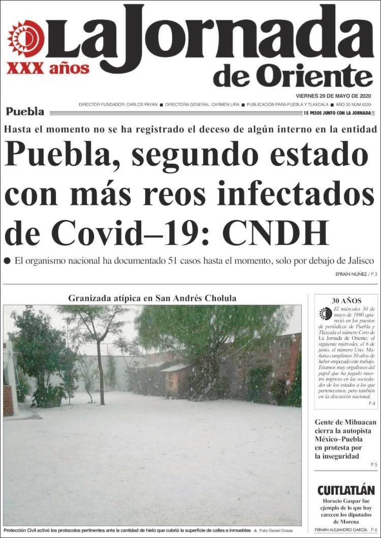 Portada de La Jornada de Oriente - Puebla (México)