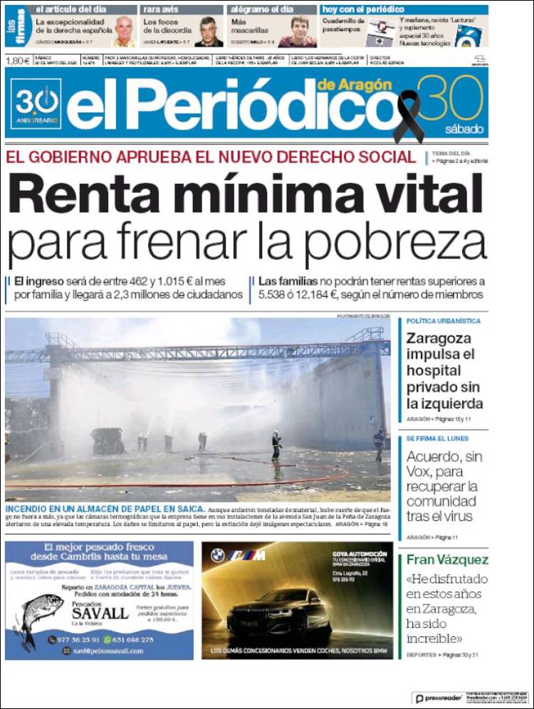 Portada de El Periódico de Aragón (España)