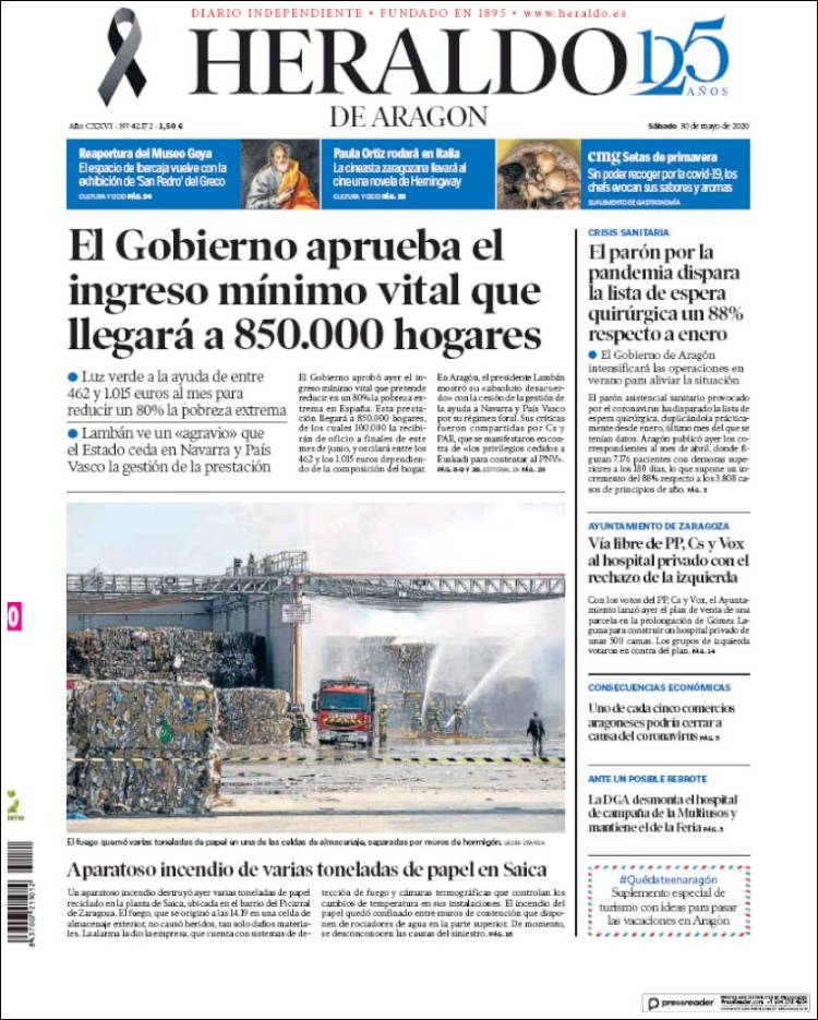 Portada de Heraldo de Aragón (España)