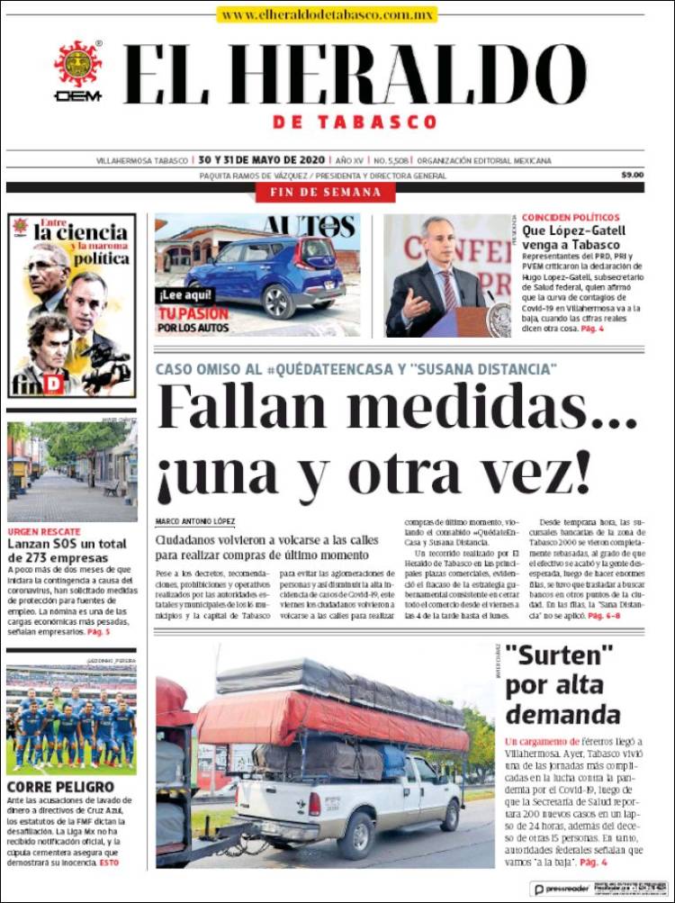 Portada de El Heraldo de Tabasco (M&eacute;xico)