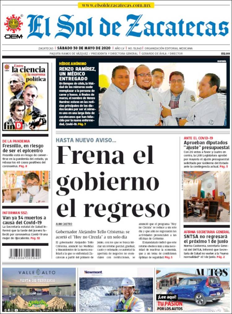 Portada de El Sol de Zacatecas (M&eacute;xico)