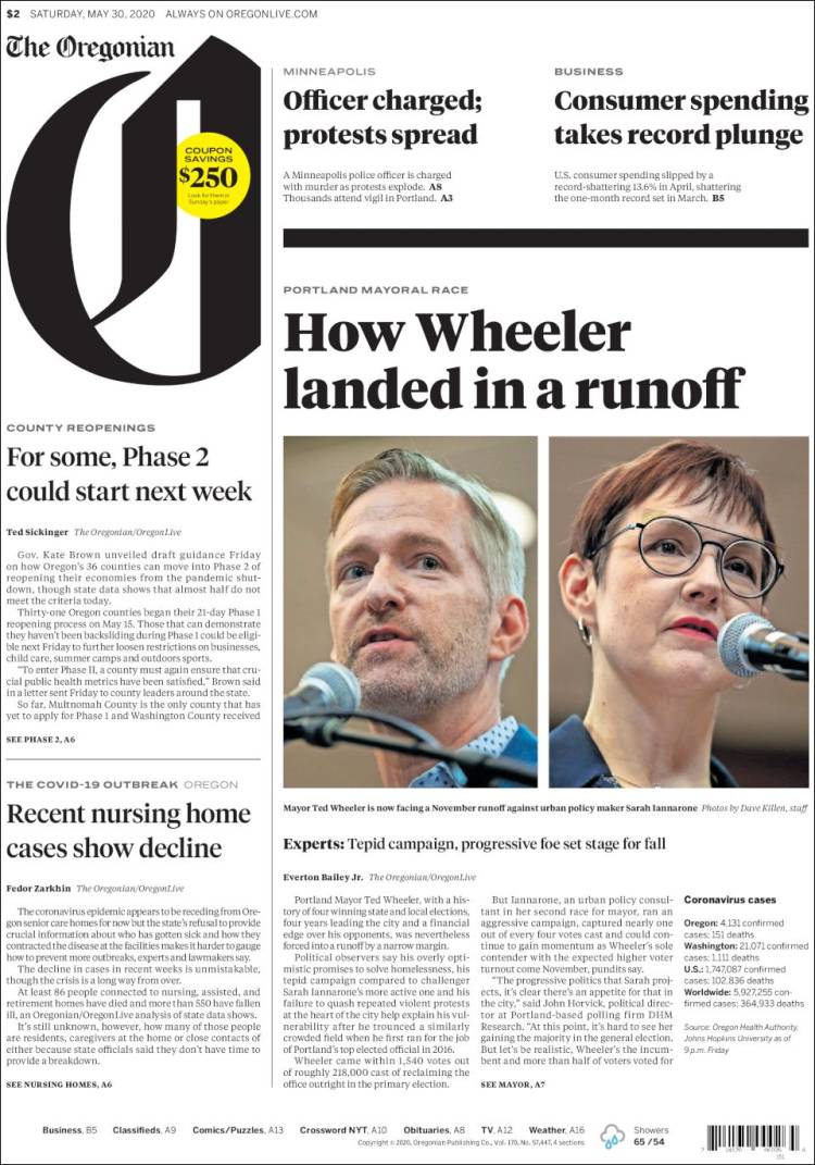 Portada de The Oregonian (USA)