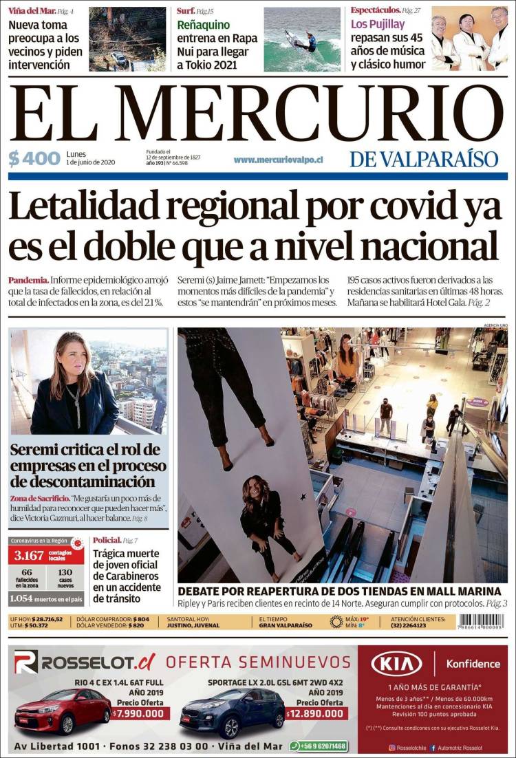 Portada de Mercurio de Valparaiso (Chile)