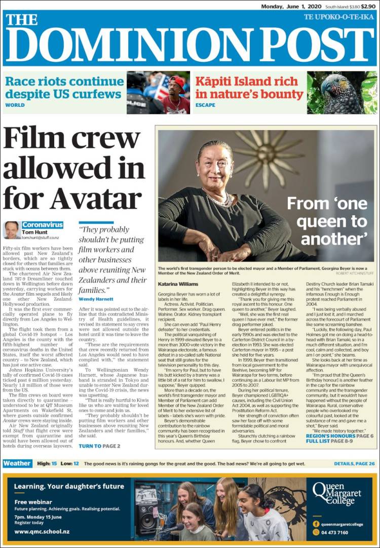 Portada de The Dominion Post (Nueva Zelanda)