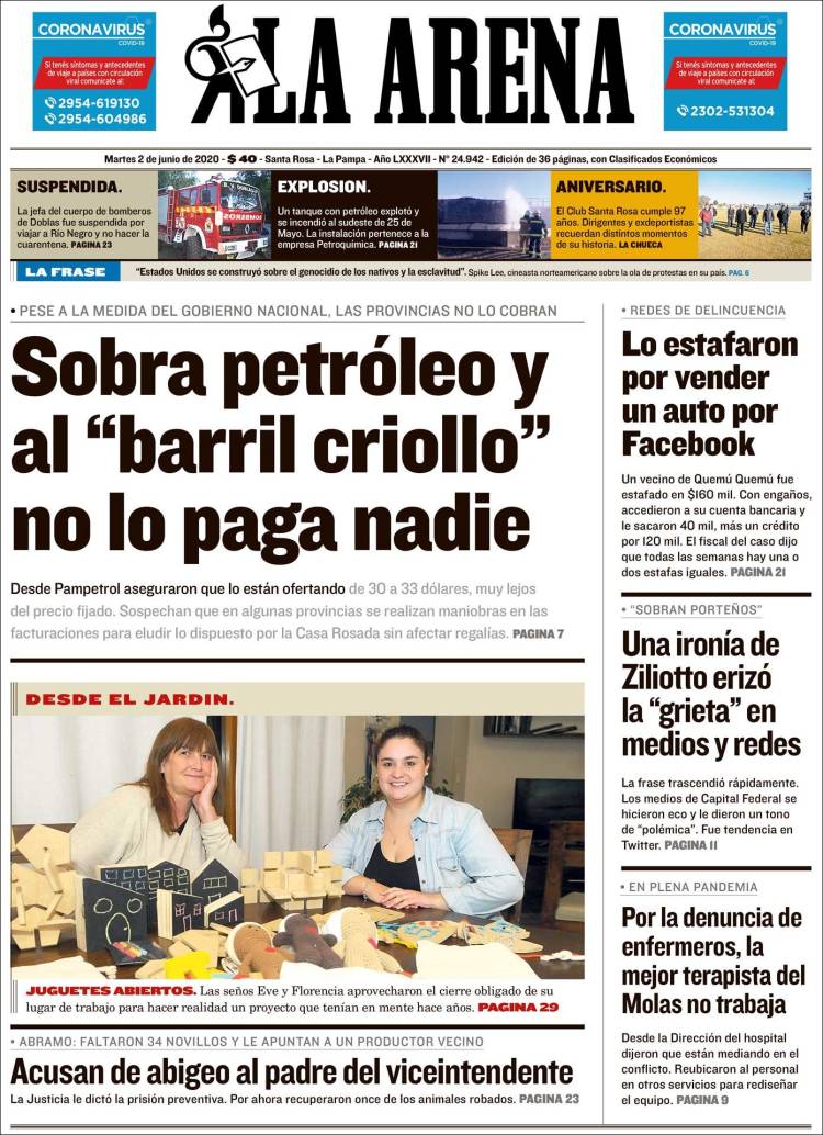 Portada de Diario La Arena (Argentina)