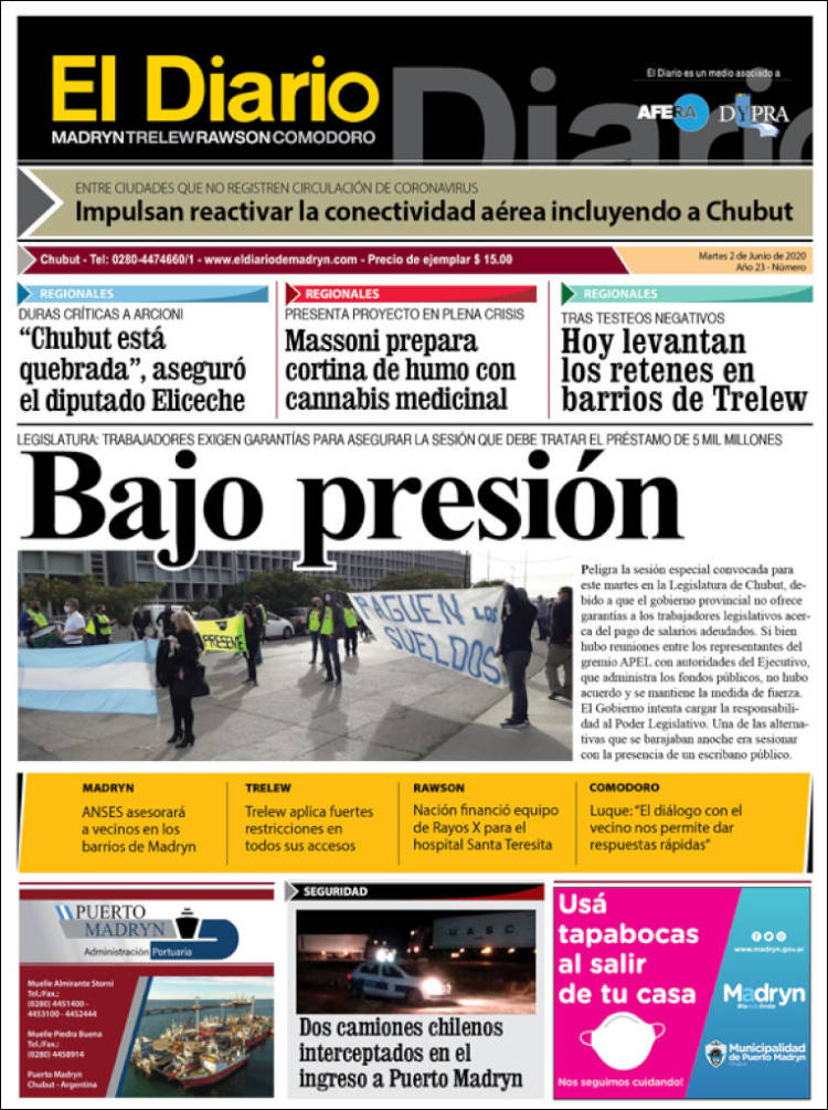 Portada de El Diario de Madryn (Argentina)