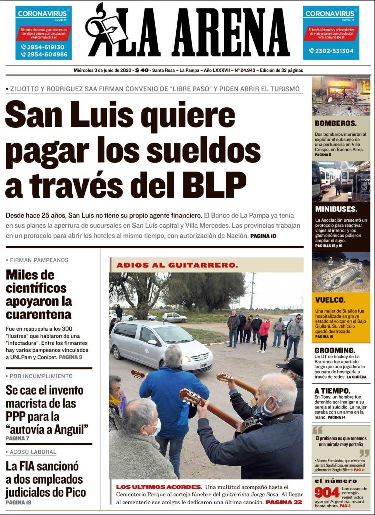 Portada de Diario La Arena (Argentina)