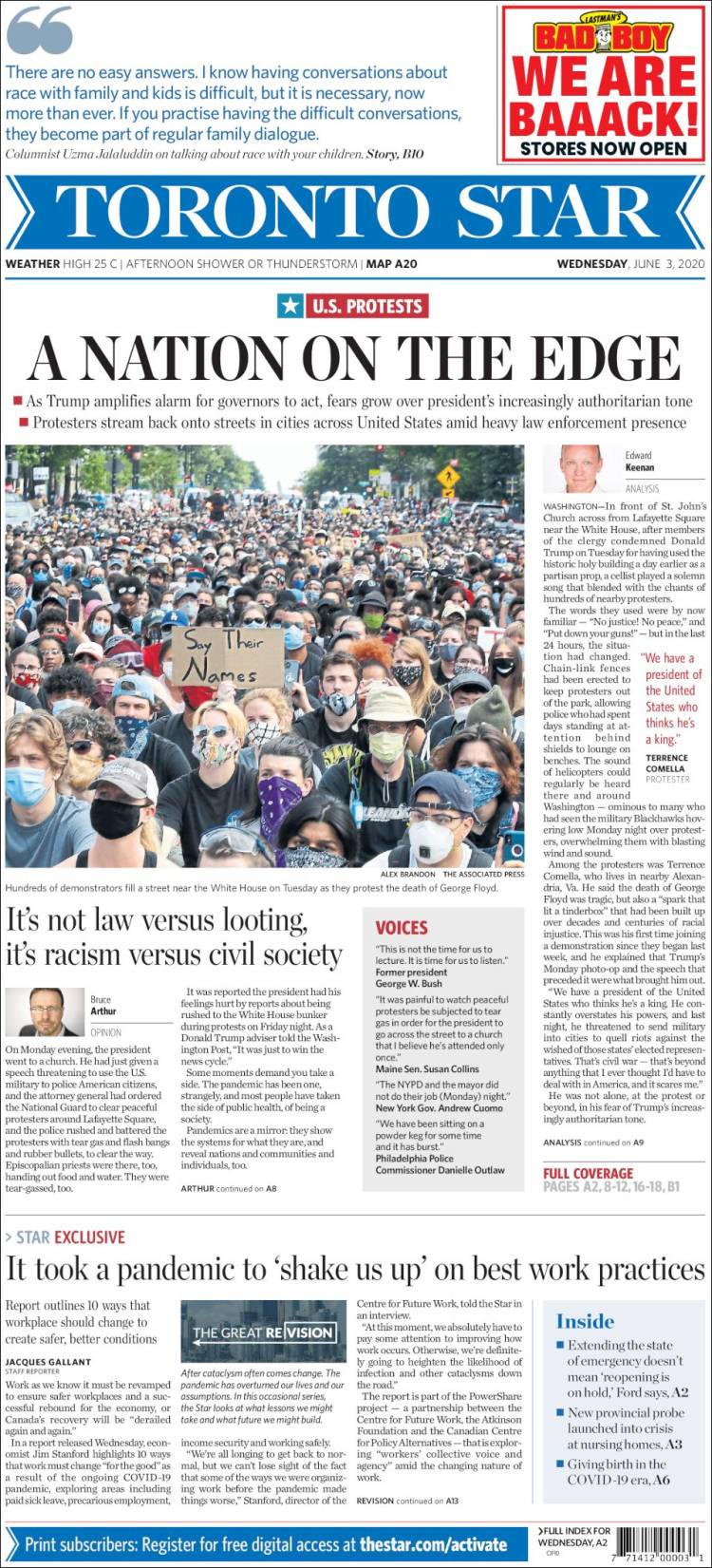 Portada de The Toronto Star (Canada)