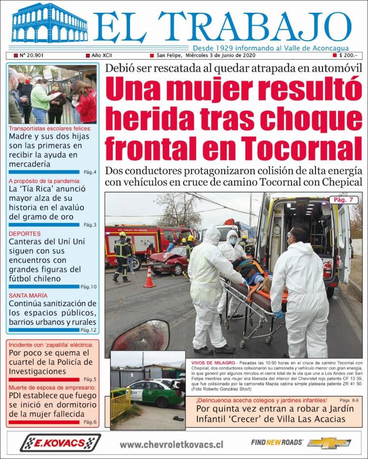 Portada de El Trabajo (Chile)