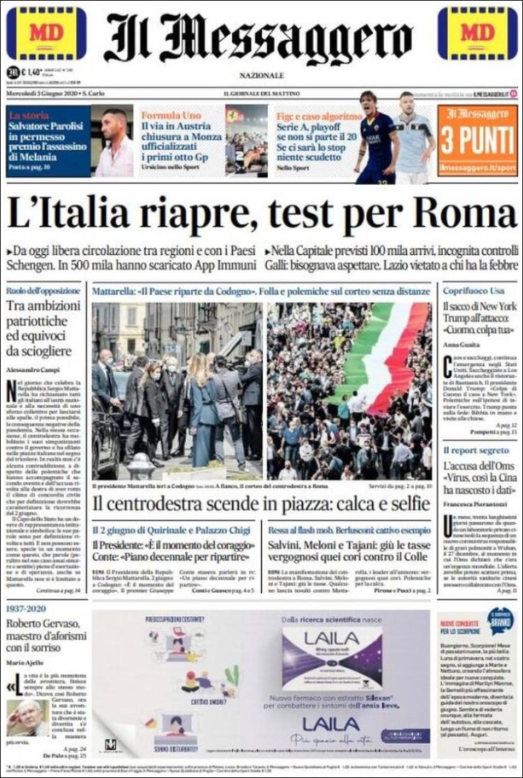 Portada de Il Messaggero (Italia)