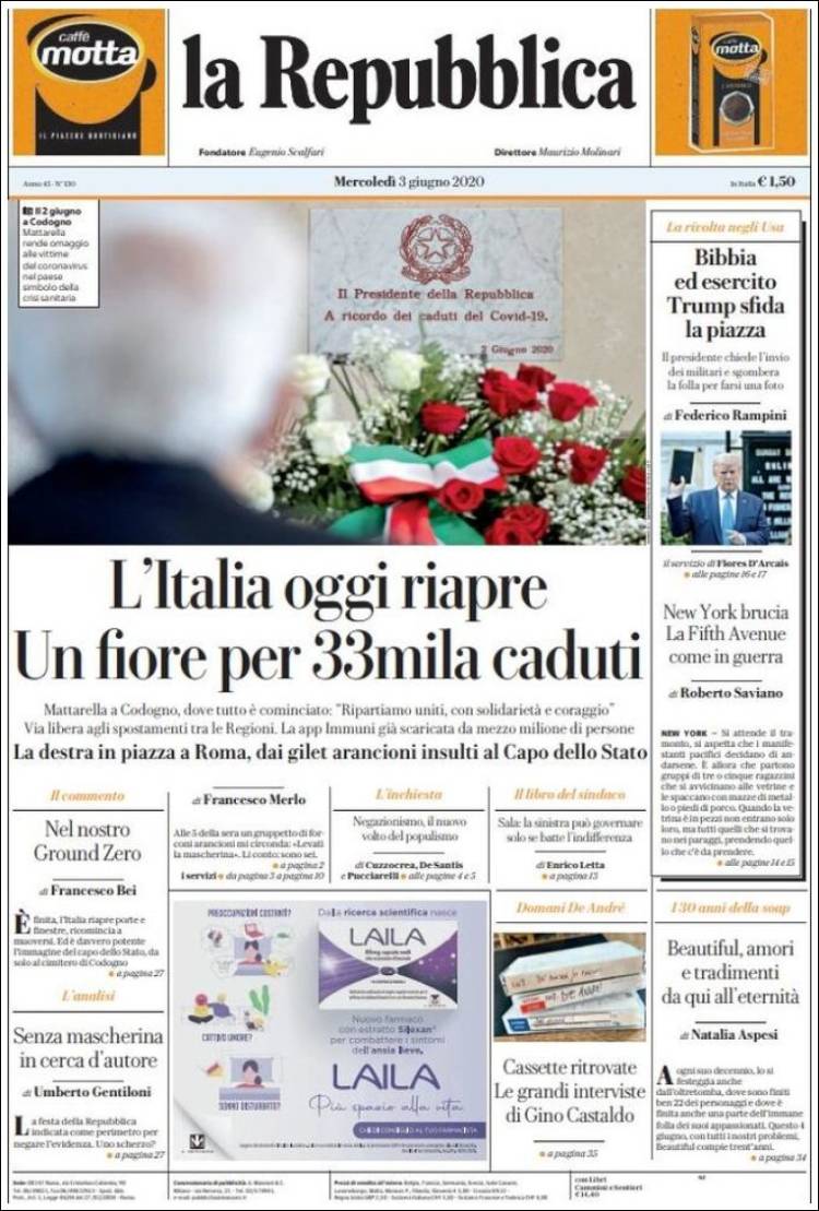 Portada de La Repubblica (Italia)