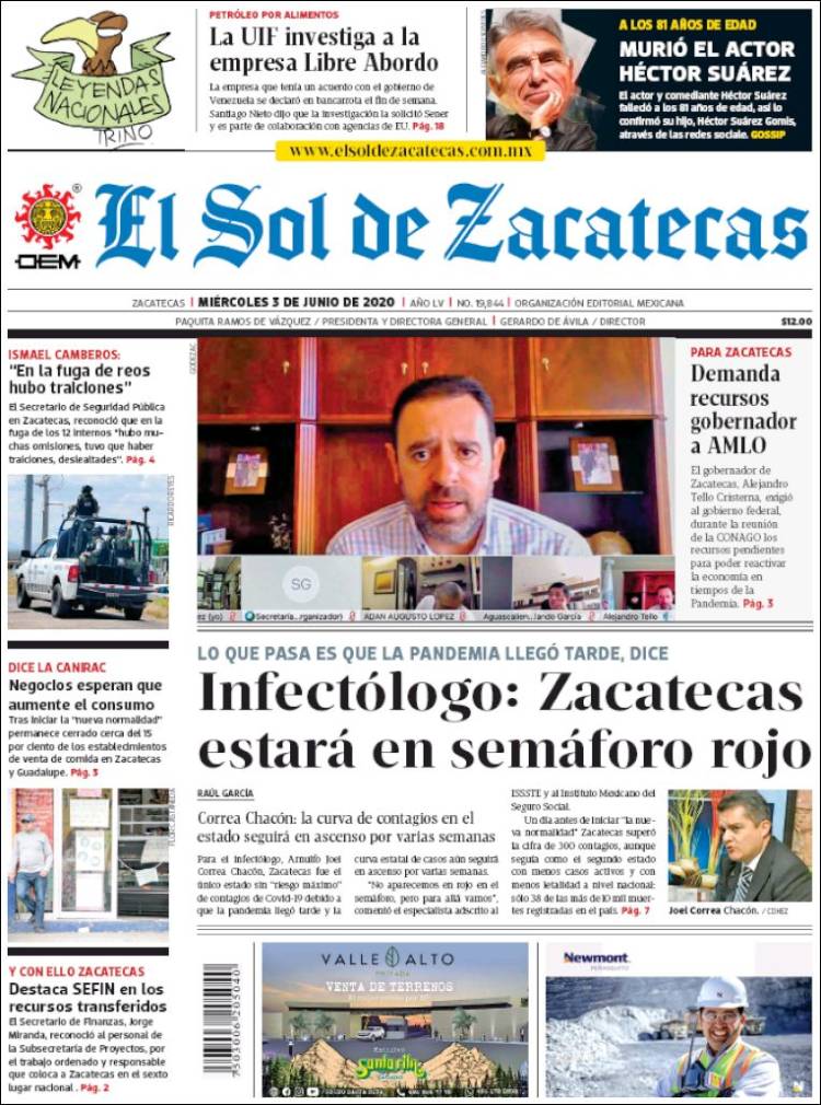 Portada de El Sol de Zacatecas (México)