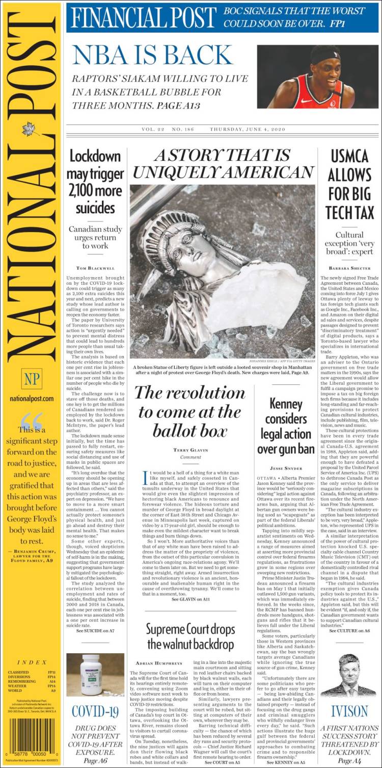 Portada de The National Post (Canada)