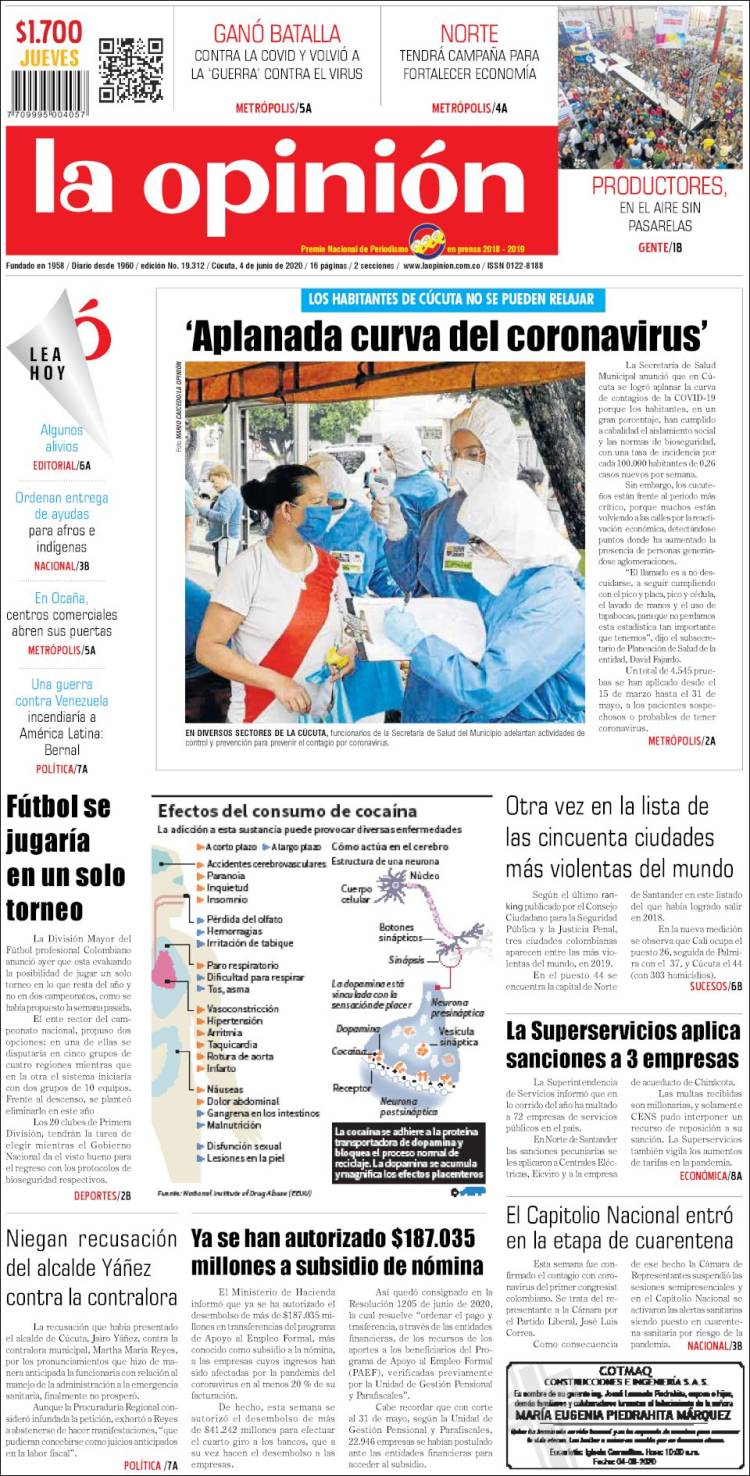 Portada de Diario La Opinion (Colombia)