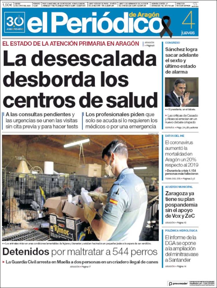 Portada de El Periódico de Aragón (España)