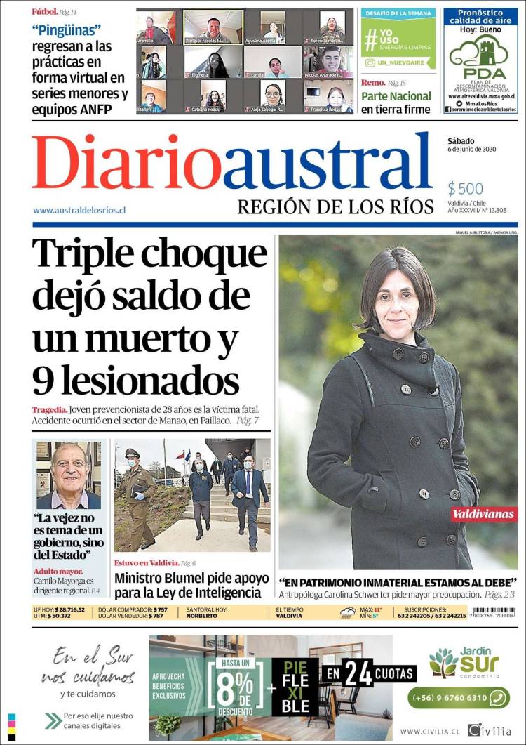 Portada de El Diario Austral de Valdivia (Chile)