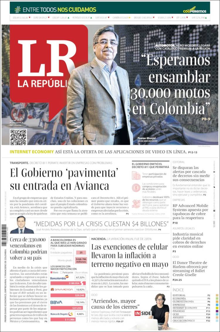 Portada de La Republica (Colombia)