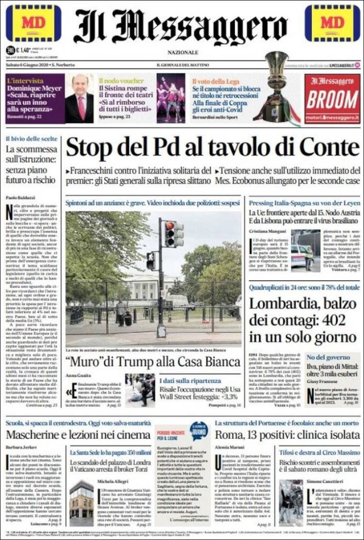 Portada de Il Messaggero (Italia)