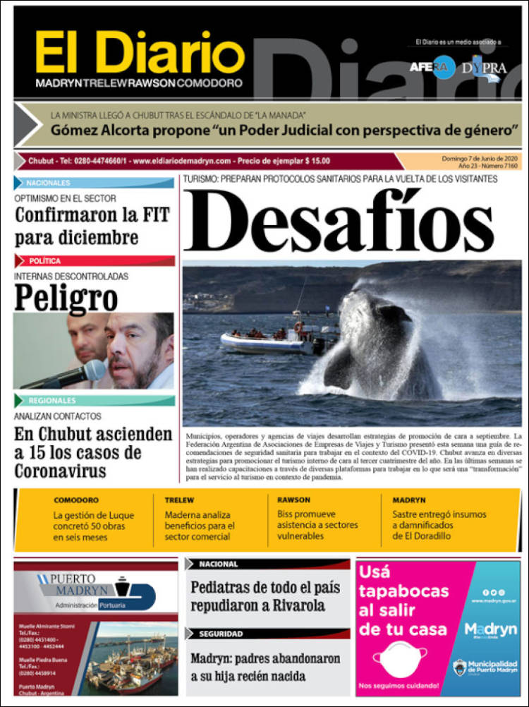 Portada de El Diario de Madryn (Argentina)