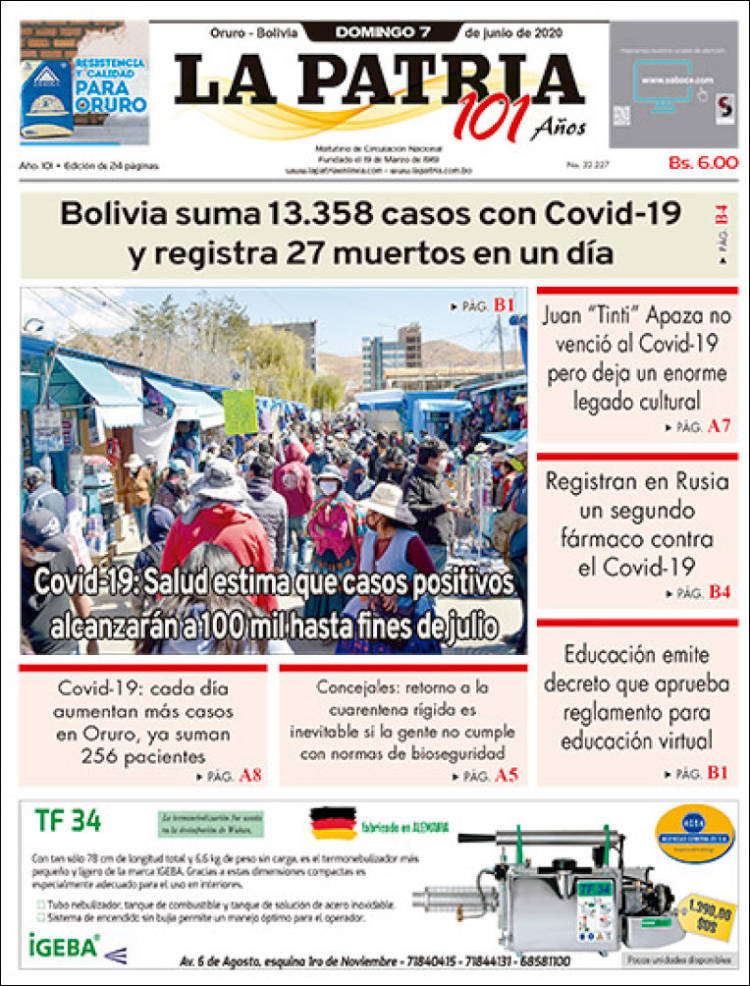 Portada de La Patria (Bolivia)