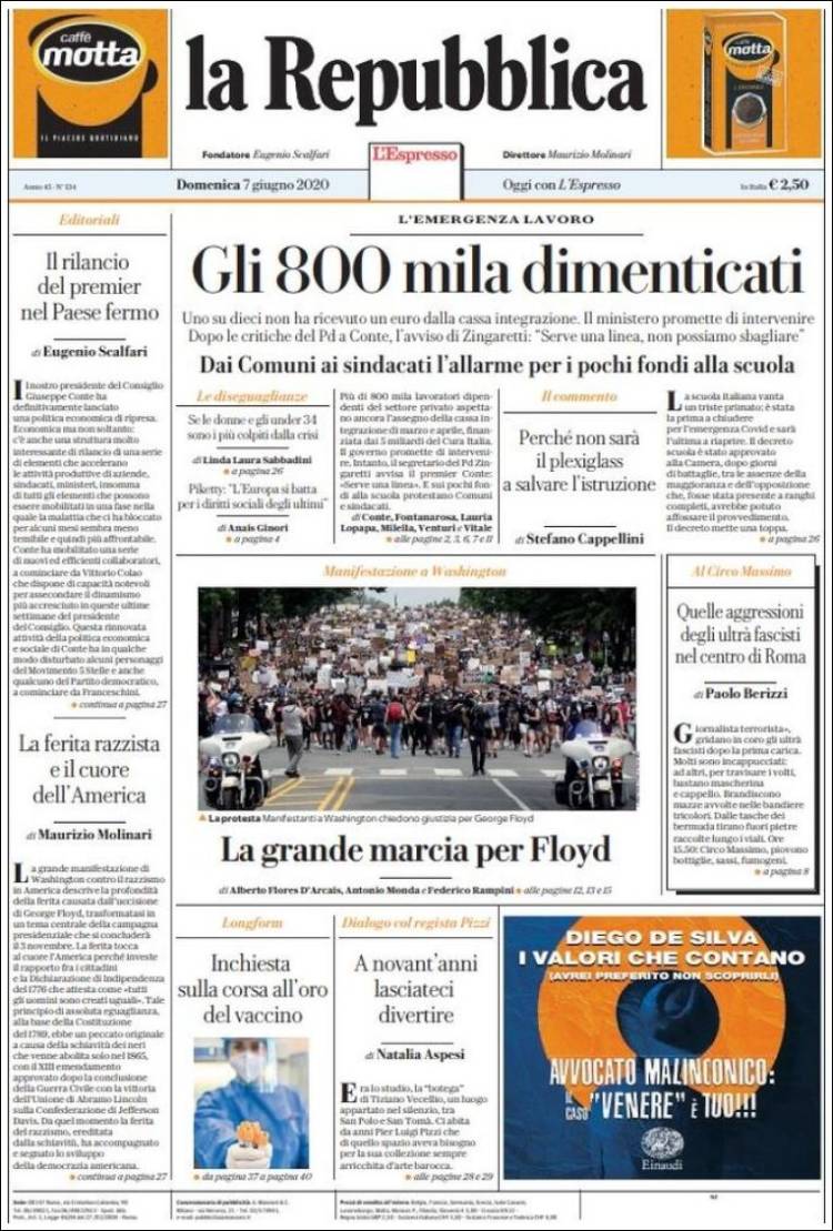 Portada de La Repubblica (Italia)