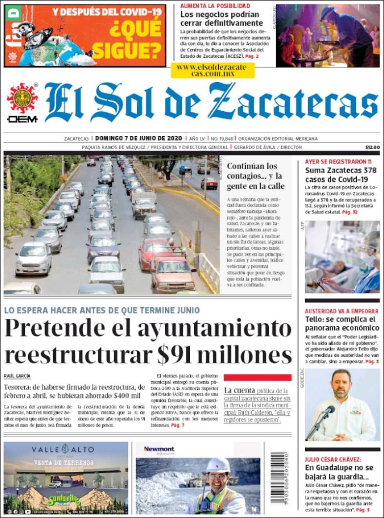 Portada de El Sol de Zacatecas (M&eacute;xico)