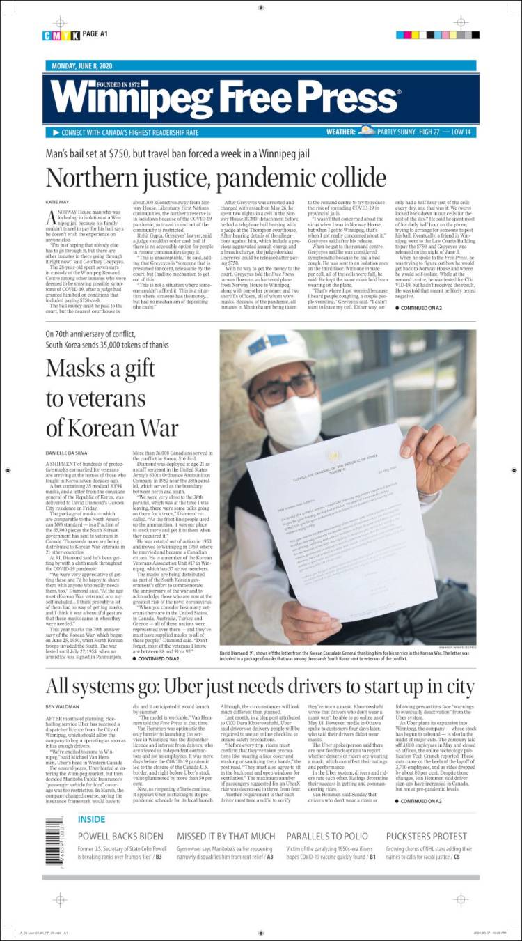 Portada de Winnipeg Free Press (Canadá)