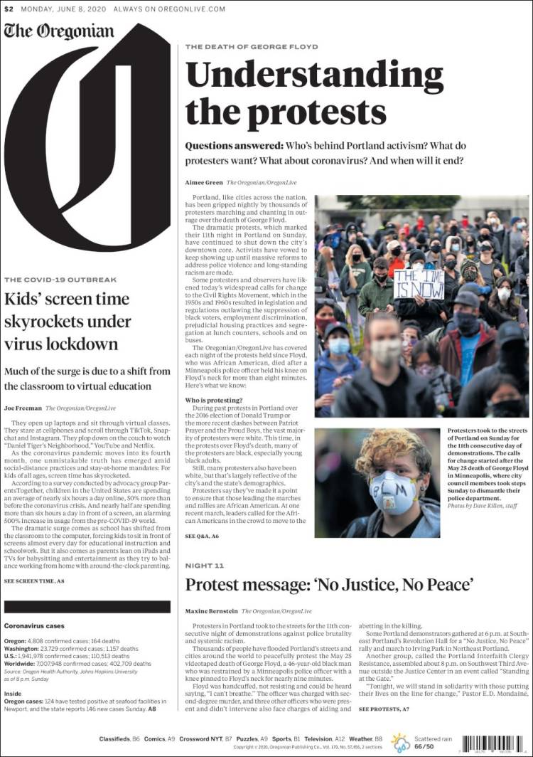 Portada de The Oregonian (USA)