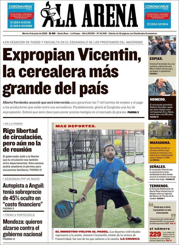 Portada de Diario La Arena (Argentina)