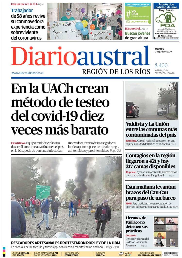 Portada de El Diario Austral de Valdivia (Chile)