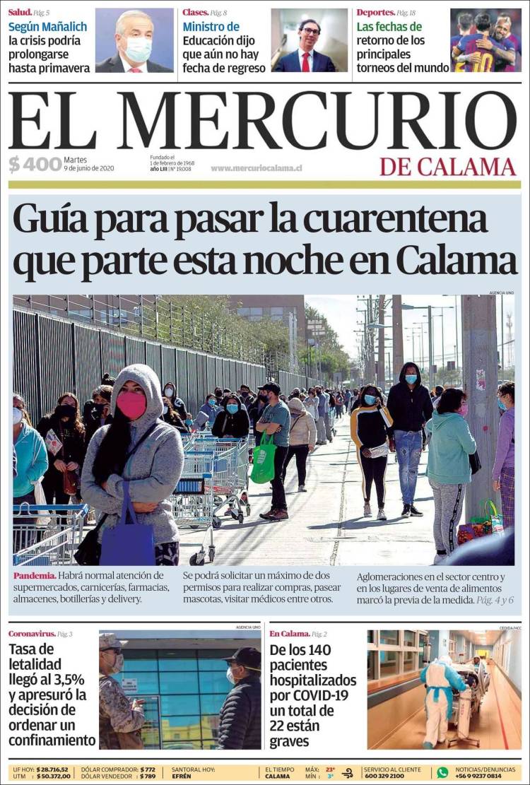 Portada de El Mercurio - Calama (Chile)