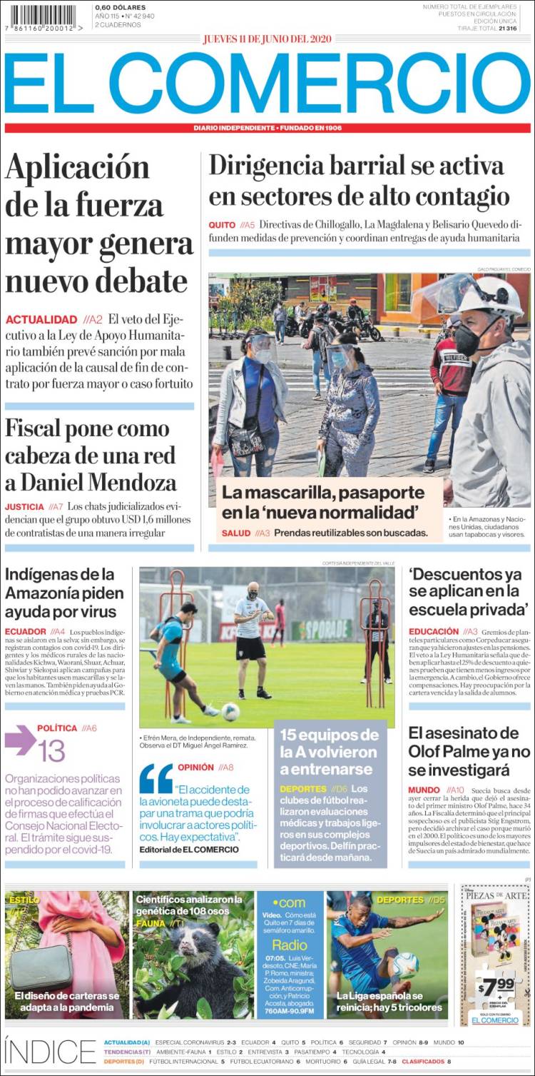 Newspaper El Comercio (Ecuador). Newspapers in Ecuador. Thursday's edition,  June 11 of 2020. 