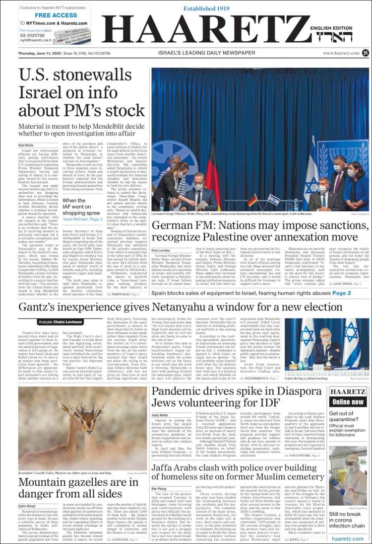 Portada de Haaretz (Israel)